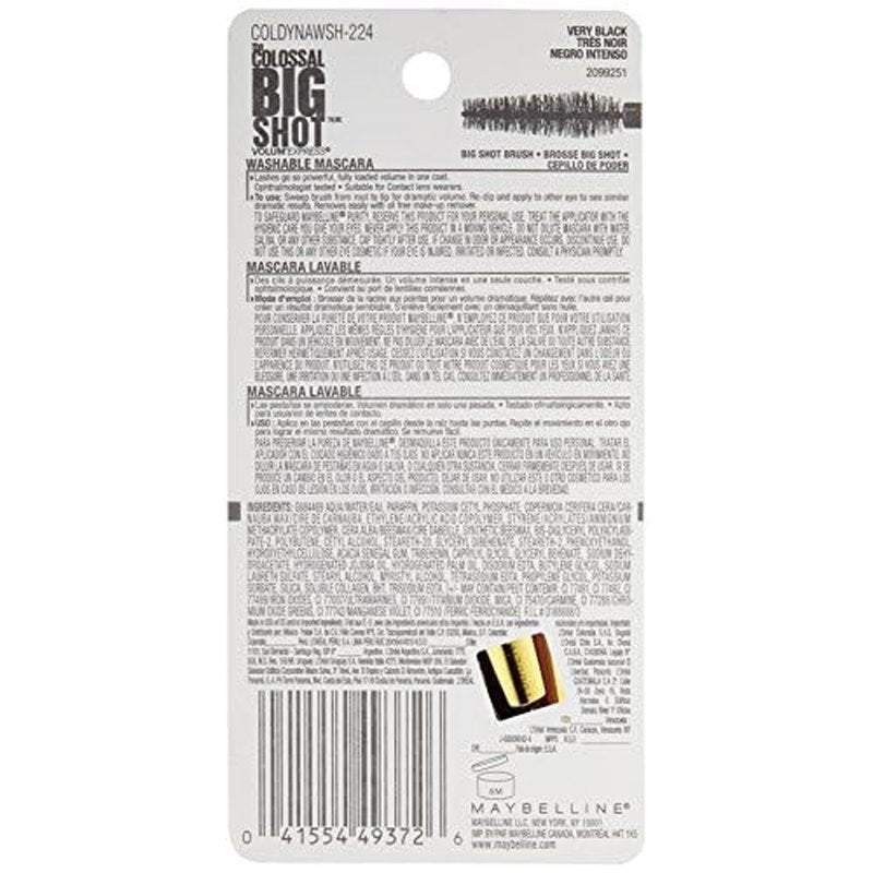 Maybelline Volum' Express The Colossal Big Shot Washable Mascara, Very Black, 0.33 fl. oz.