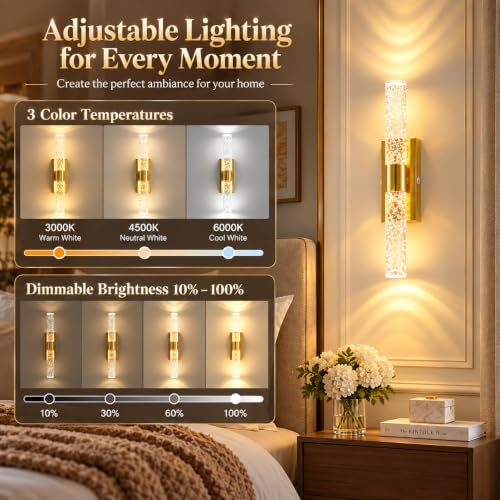 15 Inch Rechargeable Battery Wall Sconces Set of Two - Gold Finish, Dimmable, Color Changing, Wireless, 10000mAh