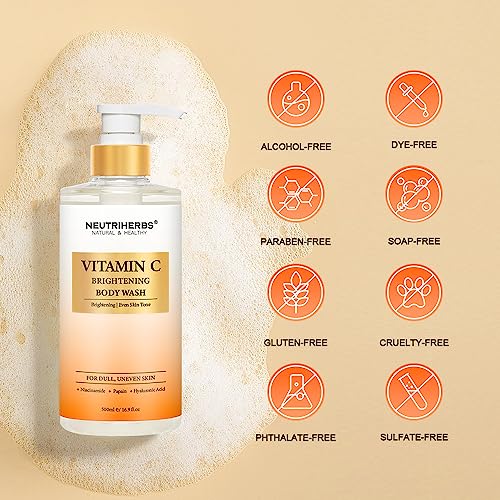 Neutriherbs Brightening Body Wash for Dull,Uneven Skin, Vitamin C Brightening Shower Gel For Women And Men, Daily Shower Soap With Papain, Niacinamide - Citrus Scent 16.9 Fl.Oz