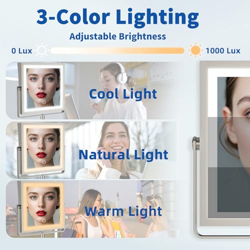 Ruacq Rechargeable Wall Mounted Makeup Mirror with Lights, Double Sided 1X/7X Magnifying Vanity Mirror with 3 Color Lights, Touch Screen Dimmable, 360¡Æ Rotation Extension Foldable (Brushed Nickel)