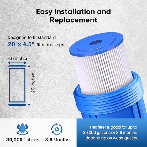 PUREPLUS 20 Micron 20x4.5 Inch Whole House Pleated Sediment Filter - 4 Pack, Model ECP5-20BB