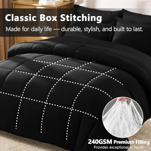 Oversized King Comforter Set - Black 7-Piece Bed in a Bag, CozyLux