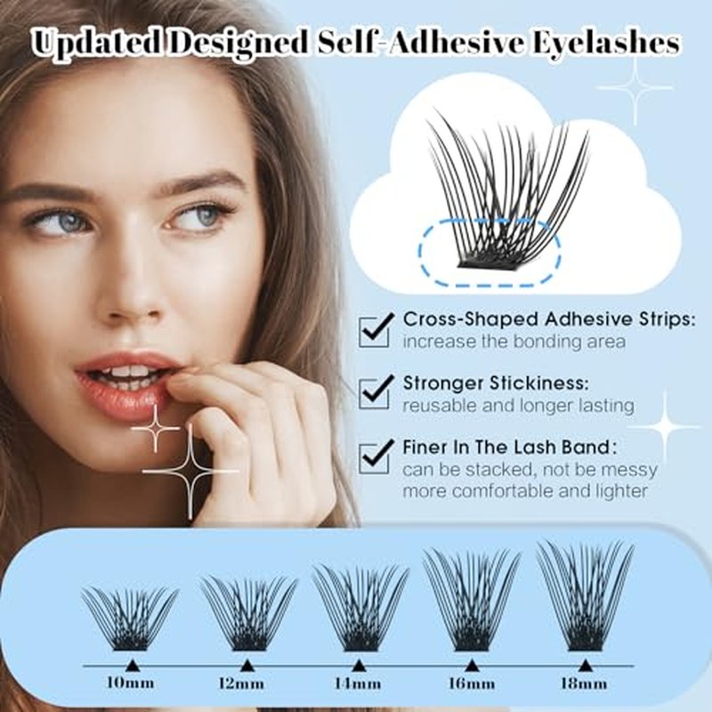 KevKev Self Adhesive Eyelashes 40Pcs Press On Lashes No Glue Needed Self Adhesive Lash Clusters Reusable Pre-Glued Eyelashes with Tweezers DIY Lash Extension Kit for Beginners (Caramel, D-10-18mix)