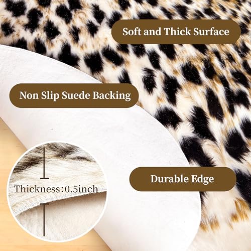 FelisLuxe Leopard Rug 5'2 x 6'6 Irregular Animal Print Carpet - Faux Fur, Non-Slip Backing