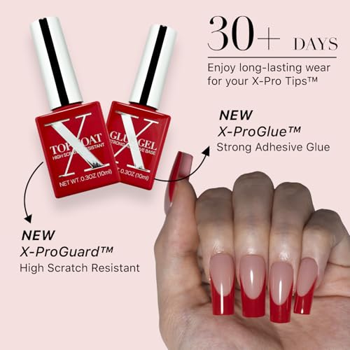 SXC Cosmetics French Tip Press On Nails ? Red Series, Medium Square, X-Pro Tips Starter Kit | 150PCS, 15 Sizes, 5 Styles, Beginner-Friendly