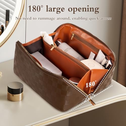 Travel Makeup Bag Large Capacity Waterproof Cosmetic Organizer with Divider - Checkerboard Brown