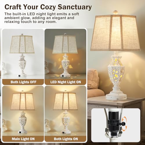 Cream Boho Bedside Lamp Set of 2 with USB-C & Nightlight - Rustic Farmhouse Table Lamps for Bedroom