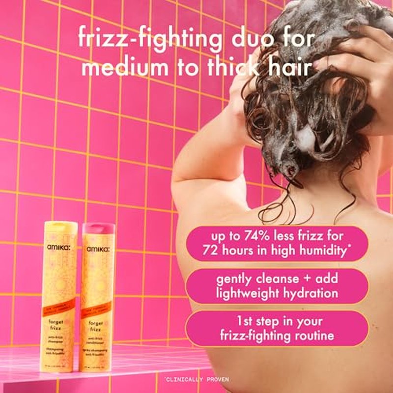amika forget frizz anti-frizz shampoo | smoothing, humidity protection, up to 72 hour frizz control + lightweight hydration, for medium to thick coarse hair types 2a-4c