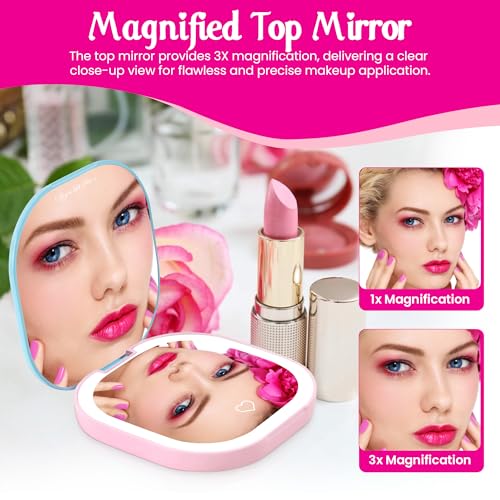 Impressions Vanity Care Bears LED Compact Mirror for Purse, Lighted Travel Makeup Mirror with 3X Magnification, Auto Shut Off Daylight LED Lighting, Adjustable Brightness and Touch Sensor (Blue/Pink)