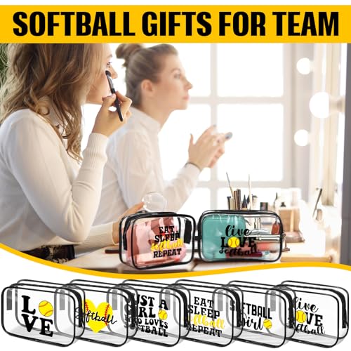 Reginary 12 Pcs 7 x 4.7 x 2.4'' Softball Makeup Bag Softball Gifts for Team Clear PVC Softball Cosmetic Case Softball Goodie Bag Stuffers Accessories for Woman Toiletry Zipper Pouch Team Party Favors
