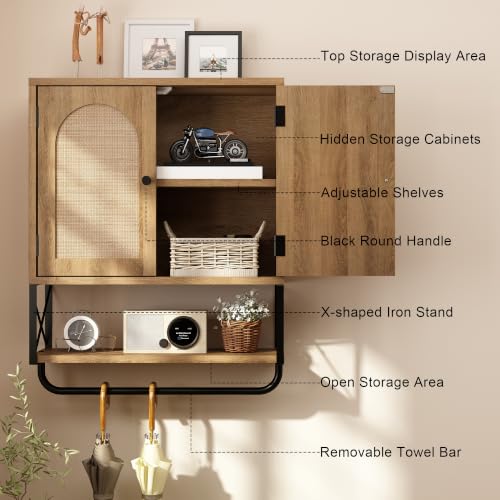 Rustown Rattan Bathroom Wall Cabinet - Natural Oak, Medium Size Over Toilet Storage