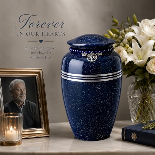Blue Metal Cremation Urn for Adults 220 lbs - MemoryNest Memorial Urn with Silver Bands & Tree of Life Charm