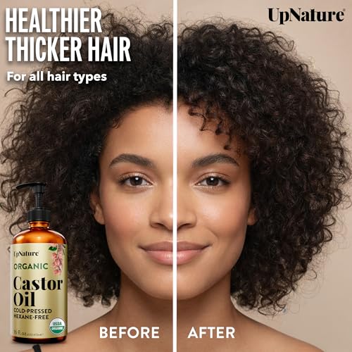 UpNature Organic Castor Oil 16oz - Cold Pressed, Hexane-Free, Glass Bottle & Pump Dispenser