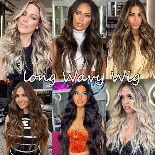 Brown Highlight Wigs for Women 26 Inch Long Wavy Glueless Hairpiece - Variation of 26 Inch / Brown Highlight
