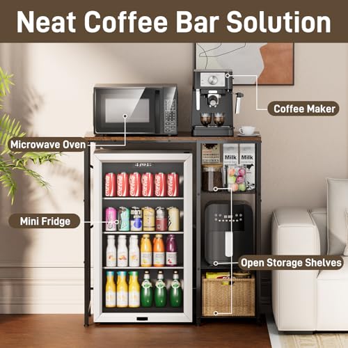 Mini Fridge Stand with Storage Shelves - Black & Rustic Brown 3-Tier Microwave Rack for Dorm Apartment Kitchen Office