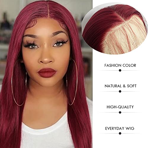 QMSSR Burgundy Red Lace Front Wig Long Straight Synthetic 13x3 Heat-Resistant Fiber for Women