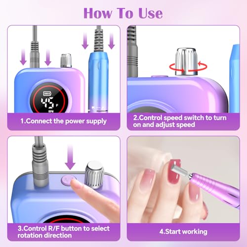 ORFASTAR Pink Nail Drill Pro 45000 RPM Wireless Electric Nail File Kit with 11 Bits & Sanding Bands