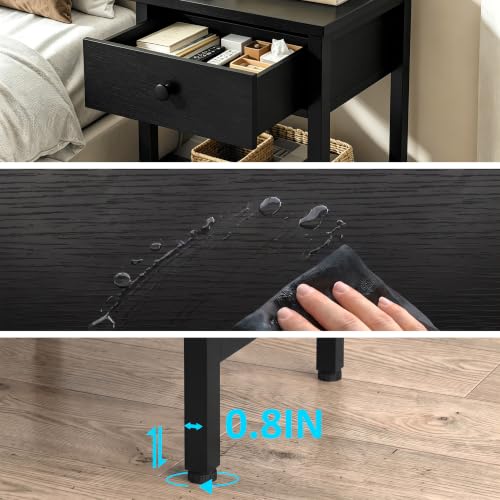 Nightstands Set of 2 with Drawers & Storage Shelves - Black, Modern Bedside Table