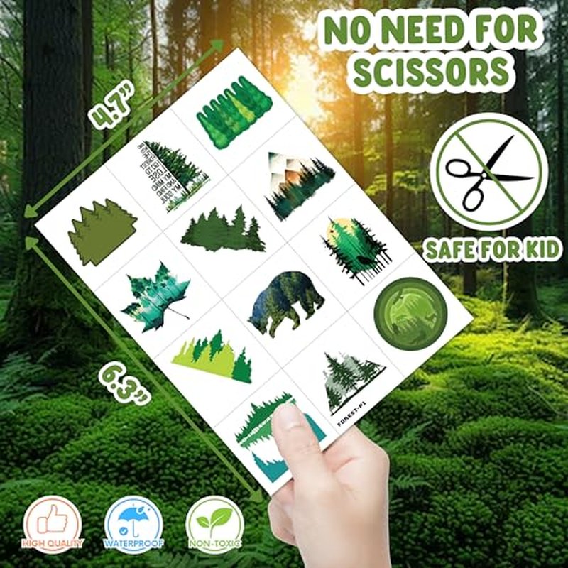 96 PCS Forest Pre-Cut Temporary Tattoos Birthday Party Decorations Favors Supplies Decor Forest Tree Animal Adventure Nature Themed Stickers Gifts For Girls Boys Classroom School Prizes Reward