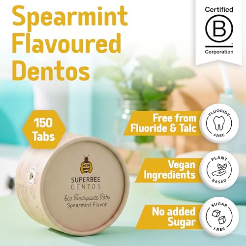 SuperBee Dentos Toothpaste Tablets 150 Count Spearmint Fluoride-Free Natural Oral Care