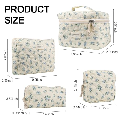 Cute Makeup Bag Set for Women - Quilted Floral Travel Cosmetic Organizer - Blue Rose, 4 Pack