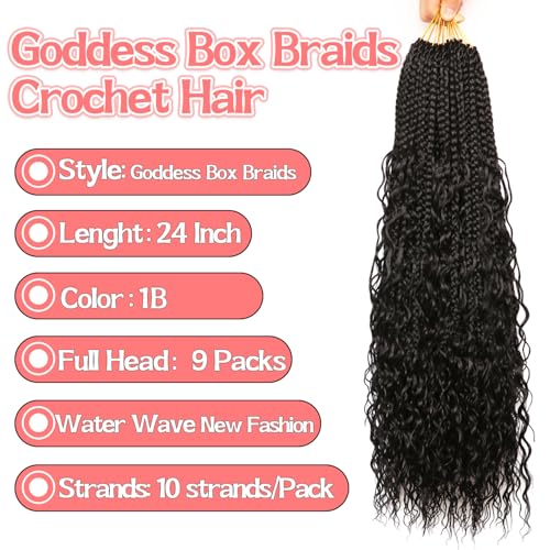 Su Mei.s Goddess Box Braids Crochet Hair 24 Inch 9-Pack Water Wave Boho for Black Women (1B#)