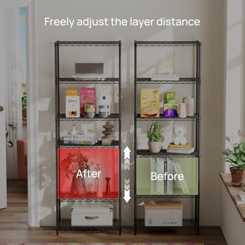 6-Tier Adjustable Metal Wire Shelving Unit - Black, 12"D x 22"W x 69"H