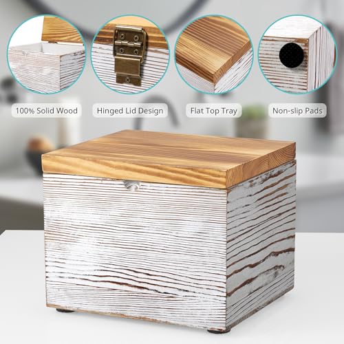 White Washed Wood Face Towel Holder with Lid - Dispenser for Vanity & Bathroom