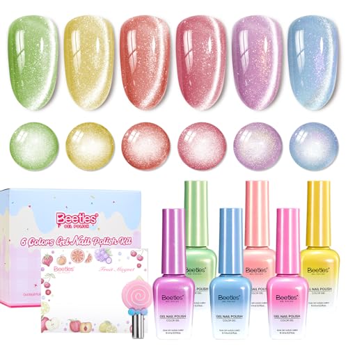 Beetles Fruit Magnet Cat Eye Gel Nail Polish Set - 6 Colors Spring Gel Polish Kit Glitter Cat Eye Pink Purple Blue Yellow Green Magnetic Shine Soak Off UV Salon DIY Manicure Gift for Women