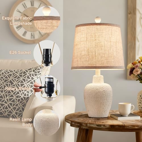 HUITICO White Farmhouse Set of 2 Jar-Shaped Bedside Table Lamps 21" for Bedroom & Living Room