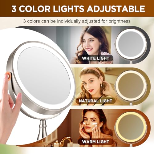 Makeup Mirror with Light, 30x Magnifying Mirror with 3 Lights Colors, 5000mAh Vanity Mirror Brushed Nickel - 360¡Æ Rotation, Brightness Adjustable Magnification, Modern Style Side Touch + Side Charge