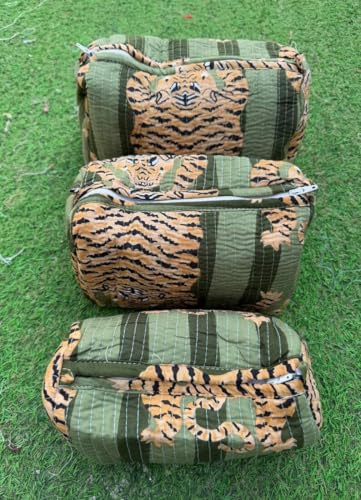 YILLE Quilted Toiletry Bags Set of 3 for Women - Dark Green Fat Tiger Travel Organizer