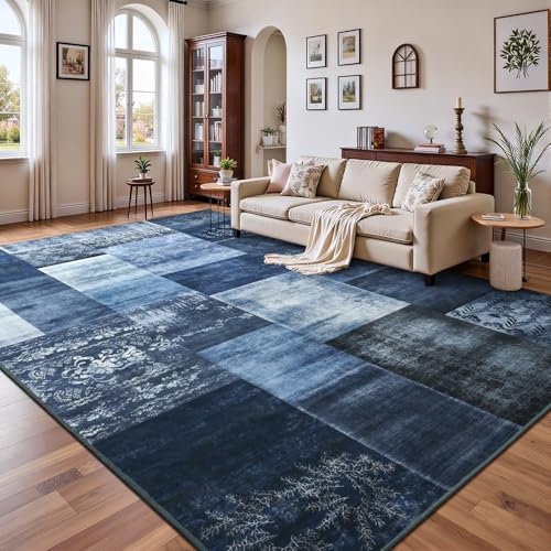 Washable Area Rug 6x9 Navy Blue Geometric Patchwork Non-Slip Stain-Resistant for Living Room