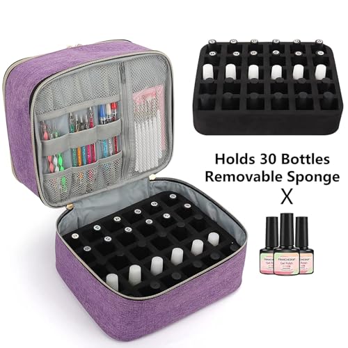Meichoon Essentials Nail Polish Carrying Organizer 2 Layers Storage Holder Case with Adjustable Bottle Compartment 30 Bottles of Gel lamp and Manicure Tools Large Makeup Bag Travel Purple