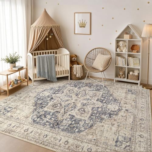 9x12 Machine Washable Area Rug - Soft Cream and Blue Vintage Medallion Style