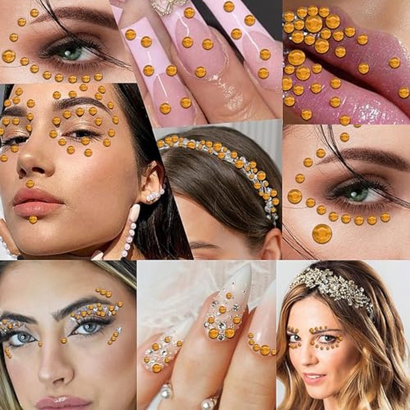 3555pcs Self Adhesive Face Gems for Makeup, Festival Jewels, Hair Gems, Rhinestone Stickers for Face, Eye, Makeup, Nail, Body, Crafts 5sheets (gold-3/4/5/6/8mm)