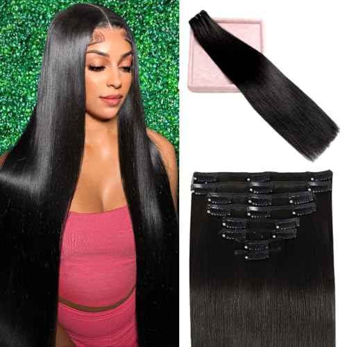 Clip in Hair Extensions Real Human Hair, 20 Inch 105g 100% Remy Human Hair Clip in Extensions for Women, Invisible Straight Seamless Clip ins Hair Extensions 8pcs Double Weft #1B Natural Black
