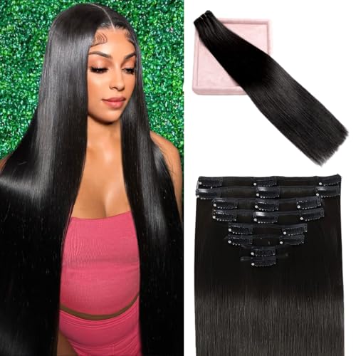 Clip in Hair Extensions 20 Inch Real Human Hair - Natural Black #1B, 105g