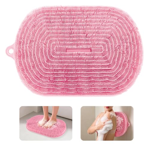 Silicone Shower Foot Scrubber Mat 21x14 Inch Pink Non-Slip Bath Mat