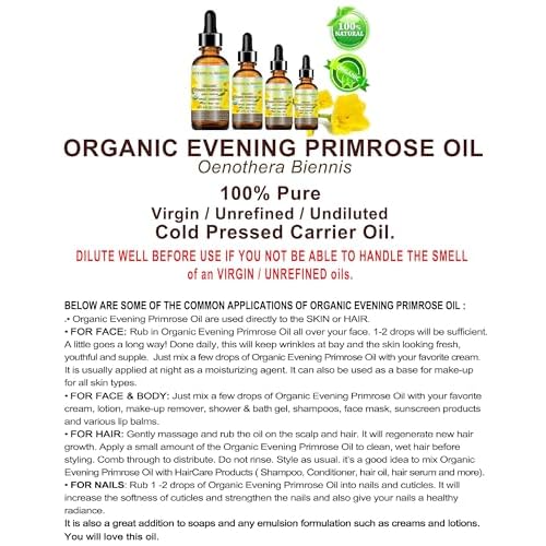 Botanical Beauty Organic EVENING PRIMROSE OIL 100% Pure Natural Undiluted Unrefined Virgin Cold Pressed Carrier Oil for face, skin, hair, nails (1 Fl Oz 30 ml)