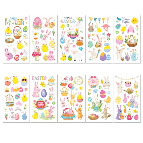 Easter Stickers Tattoos,10 Sheets Temporary Easter Egg Stickers Bunny Stickers for Kids Easter, Easter Egg Decorating Easter Egg Basket Goodie Bags Stuffers Fillers Party Supplies