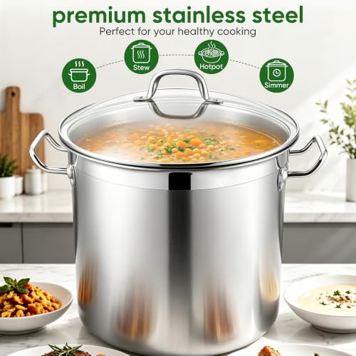 E-far 24 Quart Tri-Ply Stainless Steel Stock Pot with Lid, Large Capacity