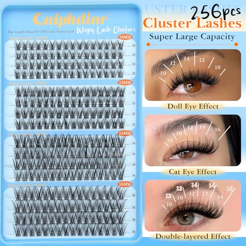 Natural Lash Clusters Wispy Eyelash Clusters 10-16mm Customizable Lashes Clusters 256pcs Cluster Eyelash Extensions C-Curve Individual Lashes DIY Long Lasting Lash Cluster Lash Extension at Home