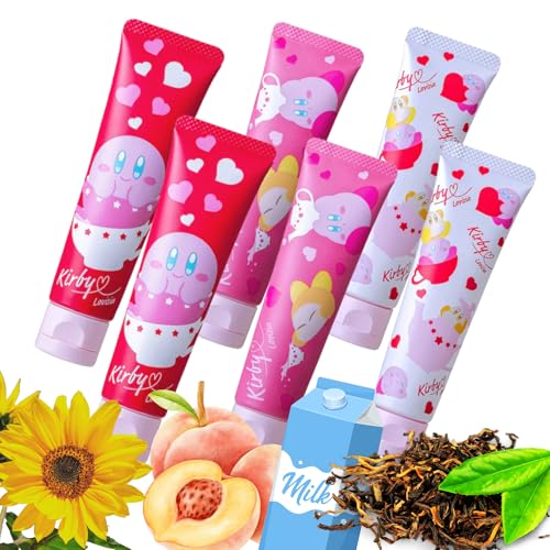 Kirby 6EA Cute Hand Cream for Women & Girls, Mini Hand Cream for Dry Cracked Hands with Sunflower, Rose& Camellia, Small Hand Lotion for Dry Hands Made in Japan, Black Tea+ Peach Tea+ Milk Tea