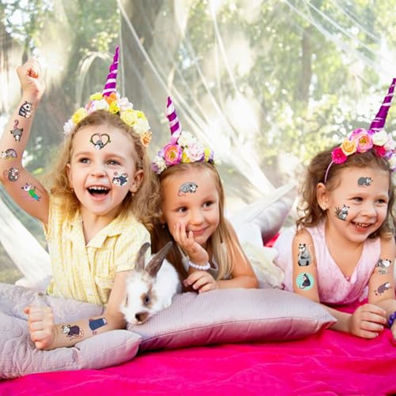 16 Sheets Possum Temporary Tattoos, Fun Opossum Stickers for Kids, Party Favors, Birthday Decorations, Classroom Rewards