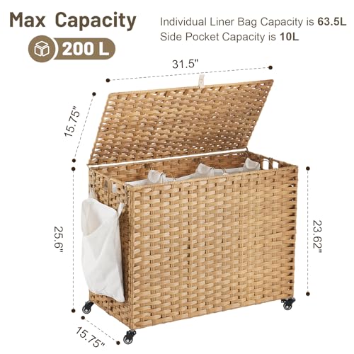 Large Laundry Hamper with Wheels 52.8 Gallon Rattan Clothes Basket with Lid & Removable Liners - Natural, 200L