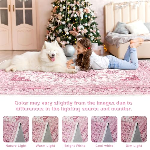 Macgace Bright Pink 8x10 Vintage Area Rug for Living Room, Washable & Non-Slip