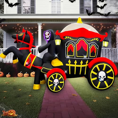 SEASONBLOW 10ft Halloween Inflatable Horse Carriage Yard Decor with LED Lights