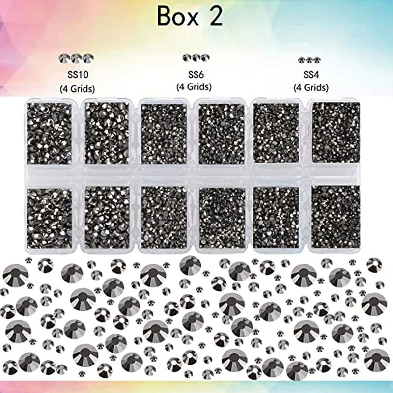 2-Box Massive Beads 8000pcs 6Sizes Nail Art Flatback Glasses Rhinestones Crystal for DIY Project with Tweezers and Picking Pen for Nail Art, Face Art, Manicure (Silver Flare, 6 Sizes)
