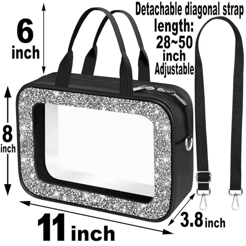 Meetart Diamond Black Clear Makeup Bag with Detachable Shoulder Strap - Travel Toiletry Organizer
